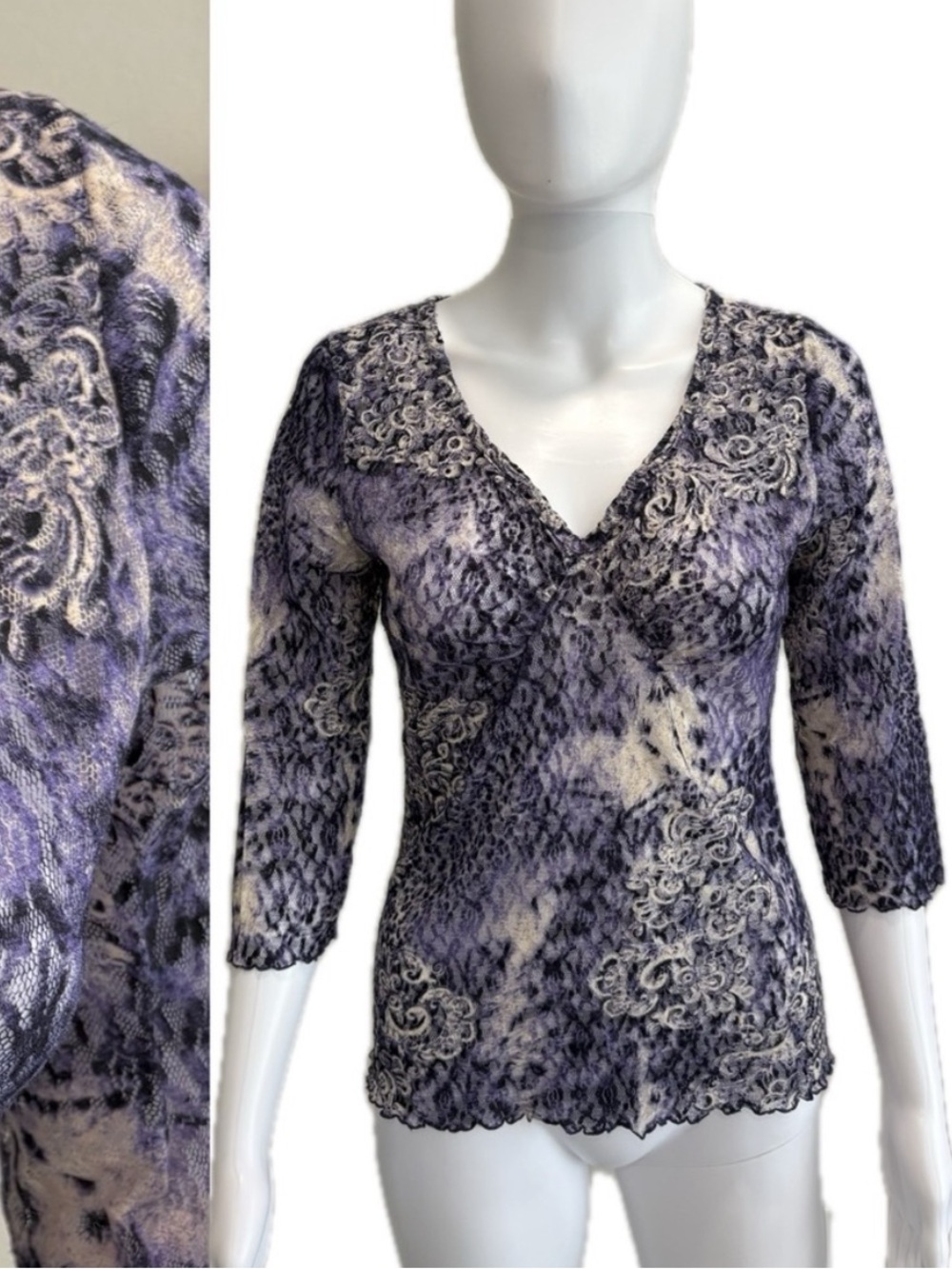 Vintage Yazdi Sheer Floral Mesh Tie Dye Stretch Lace Top Womens Size Small M Y2K